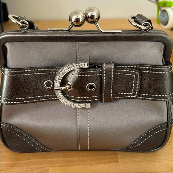 Coach Handbags - Coach evening bag in silver satin with pewter leather accents- EUC